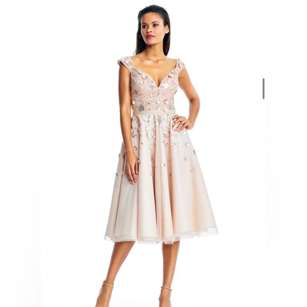 Aidan Mattox V-Neck Floral Beaded Midi Dress